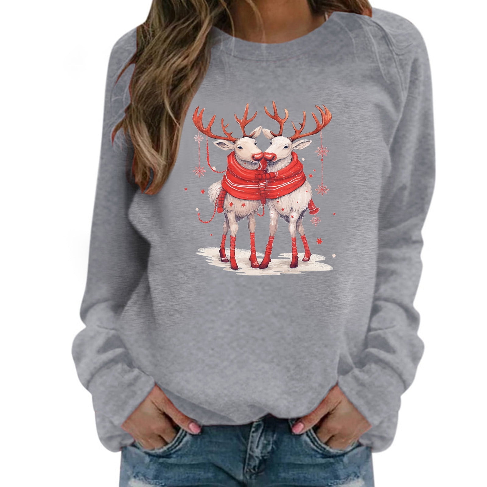bihdrety Hoodies For Women Leisure Christmas Couple Deer Print Round
