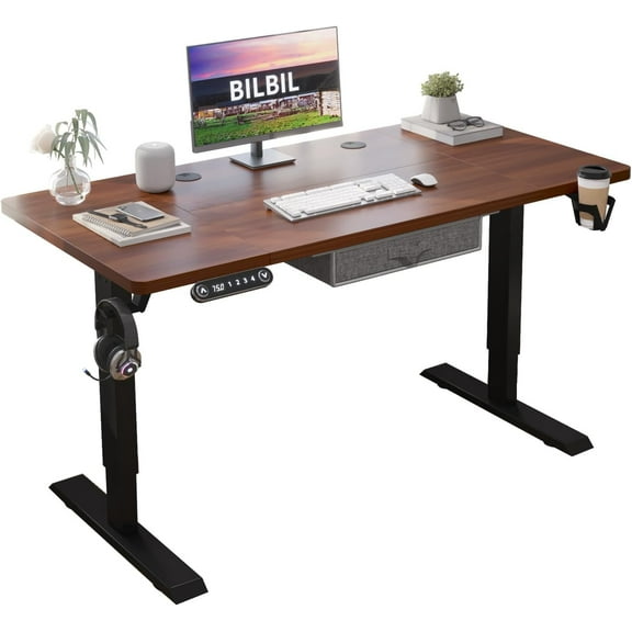 bilbil 55x30 Inches Electric Standing Desk with Drawer, Height Adjustable Sit Stand Up Desk with 4 Splice Boards, Home Office Desk Computer Workstation with Dark Walnut Top/Black Frame