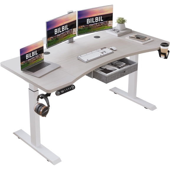 bilbil 63x30 Inches Dual Motor Electric Standing Desk with Drawer, Height Adjustable Sit Stand Up Desk with 4 Splice Boards, Home Office Desk Computer Workstation with Pale Pearwood Top/White Frame
