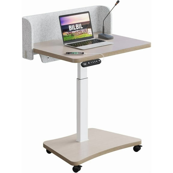 bilbil Electric Height Adjustable Standing Desk, Locking Wheels Overbed Table with 4-Preset Memory, Ergonomic Sit to Stand Mobile Workstation for Home & Office, 31.5x23.6 Inch, Wood Grain Finish