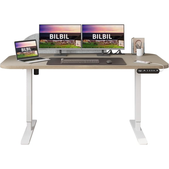 bilbil Electric Standing Desk with Power Strip & Privacy Screen(Gray), 63x30 Inch Corner Workstation, Large Mouse Pad & 4-Preset Memory Buttons, Quiet Adjustable Desk for Dual Monitors(Khaki)