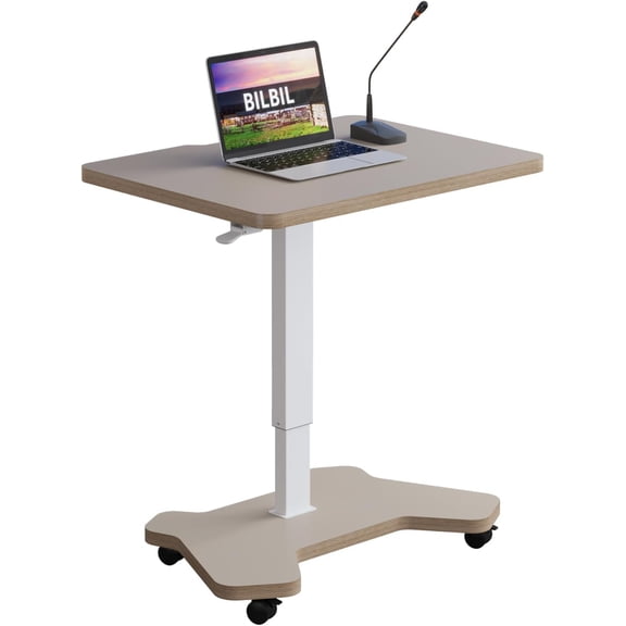 bilbil Pneumatic Height Adjustable Standing Desk, Central Post Design with Locking Casters, Height Adjustable Table for Home Office, Ergonomic Sit to Stand Workstation, 31.5x23.6 Inch, Khaki Finish
