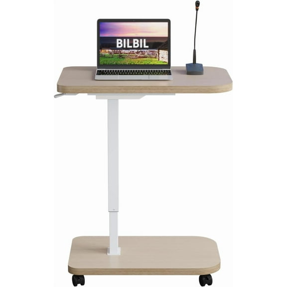 bilbil Pneumatic Height Adjustable Standing Desk, Locking Wheels Overbed Table with Smooth Height Adjustment, Ergonomic Sit to Stand Mobile Workstation for Home & Office,28x18 Inch, Wood Grain Finish