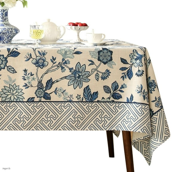bilin gaier French Linen Tablecloth,Blue and White Floral Table Cloth,Wrinkle Free Tablecloths,Decor for Kitchen,Dining,Party,Home,Christmas,63"*110"