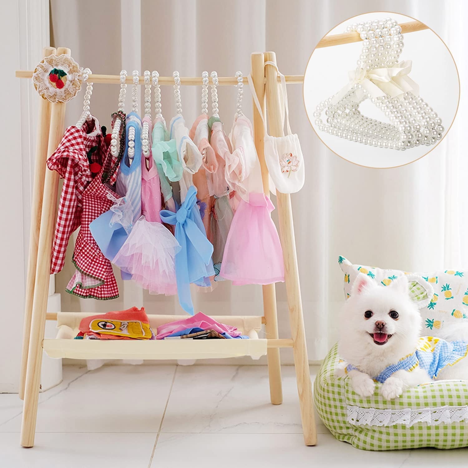 bimiti Pets Clothing Rack with 6pcs Pearl Hangers, Wooden Garment