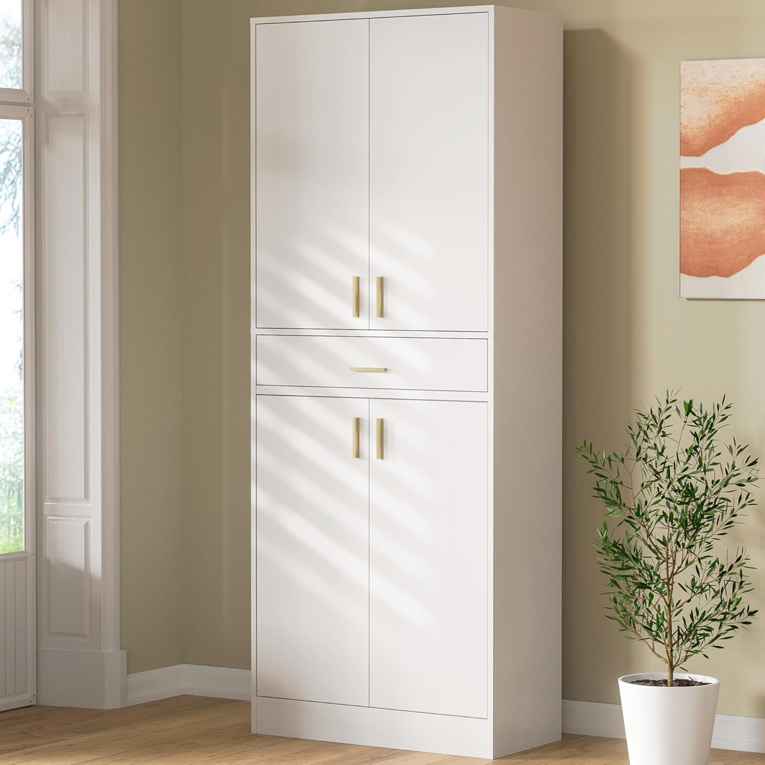 Wood Storage Cabinets With 4 Doors Tall Pantry Cupboard Tall Kitchen Home, Office Organizer