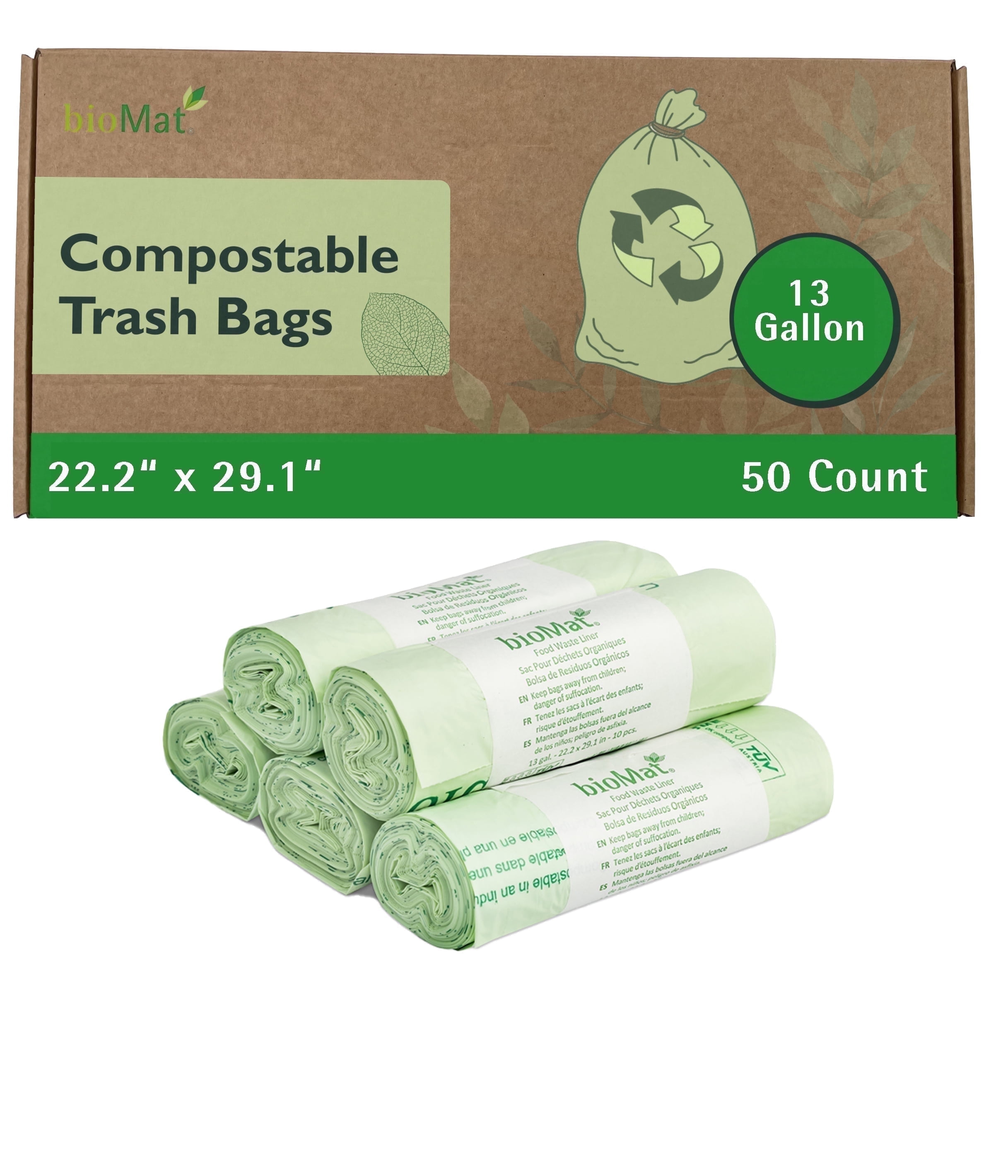 bioMat 13 Gallon Trash Bags, 50 Count, Leak Proof and Tear Resistant