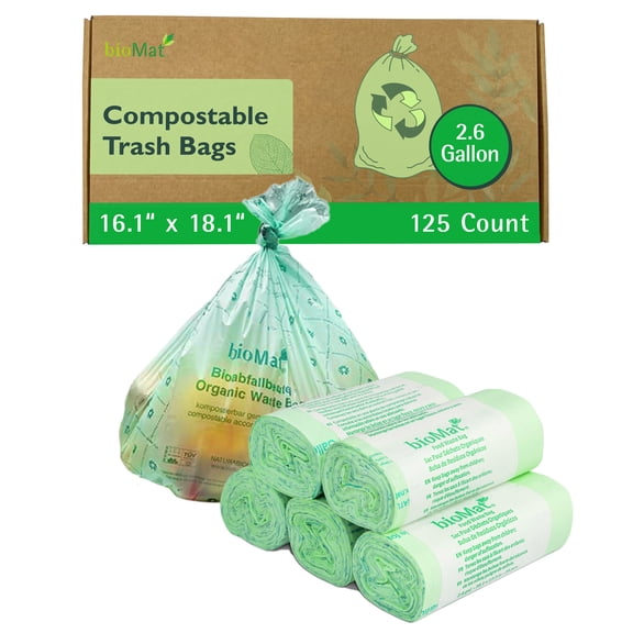 bioMat 2.6 Gallon Compostable Small Kitchen Compost Bags, BPI Certified, 125 Bags