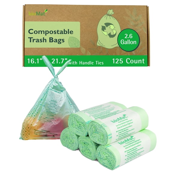 bioMat 2.6 Gallon Compostable Small Kitchen Compost Bags with Handles, 125 Bags