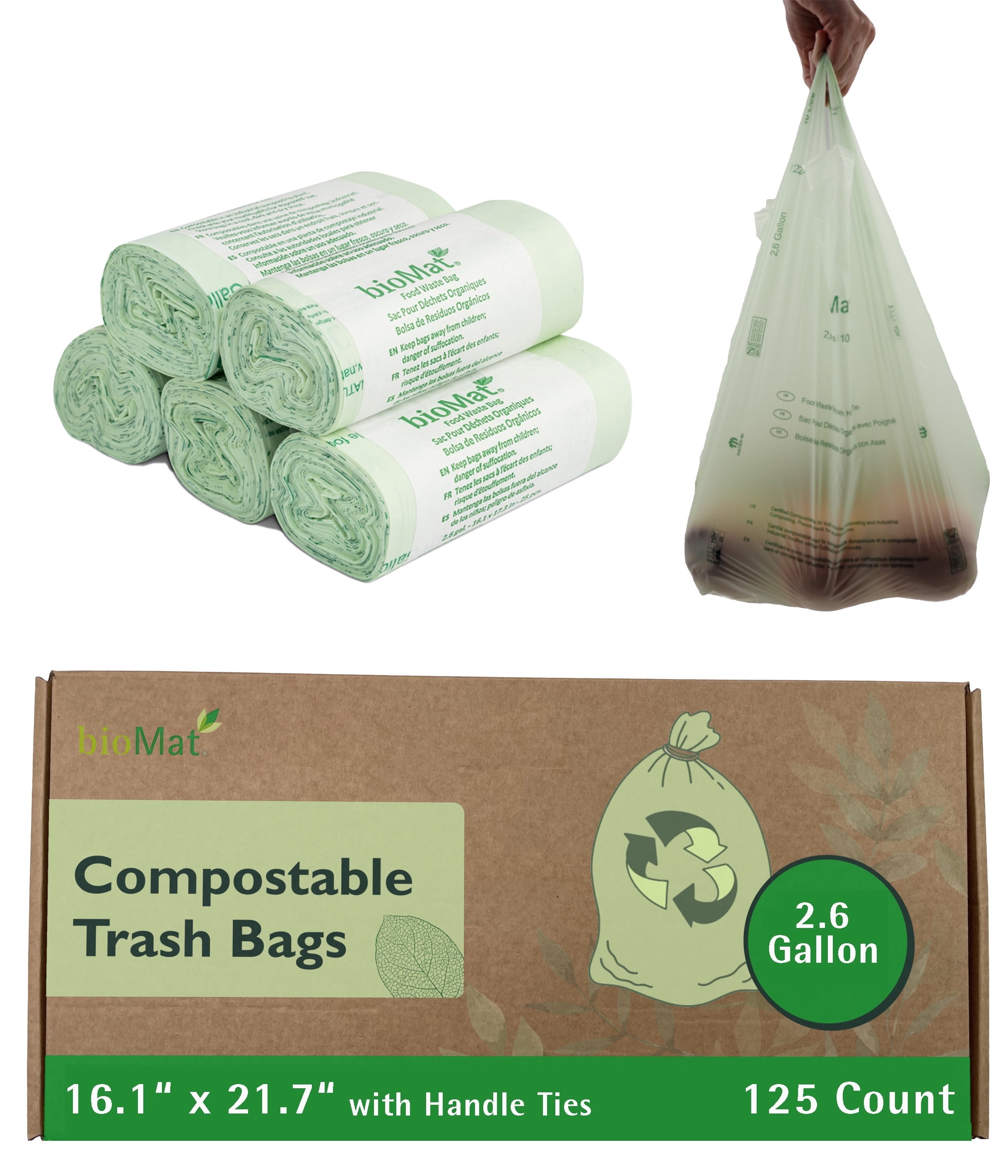 bioMat 2.6 Gallon Compostable Small Kitchen Compost Bags with Handles, 125 Bags