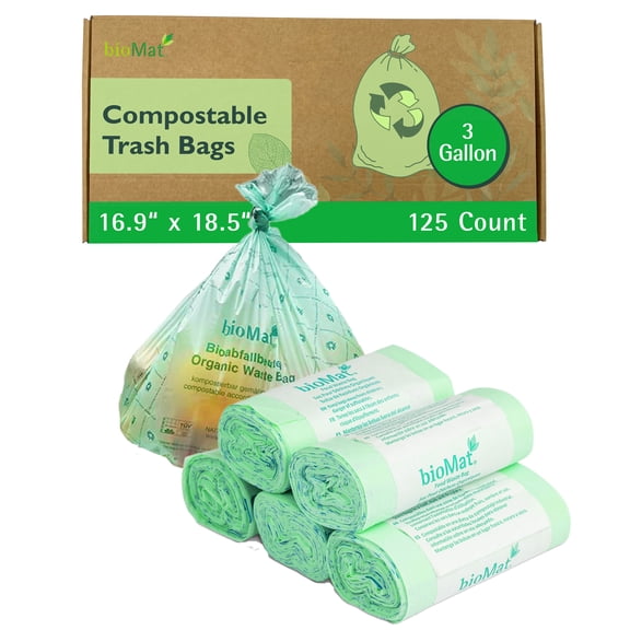 bioMat 3 Gallon Compostable Small Kitchen Compost Bags, BPI ASTM D6400 Certified, 125 Bags