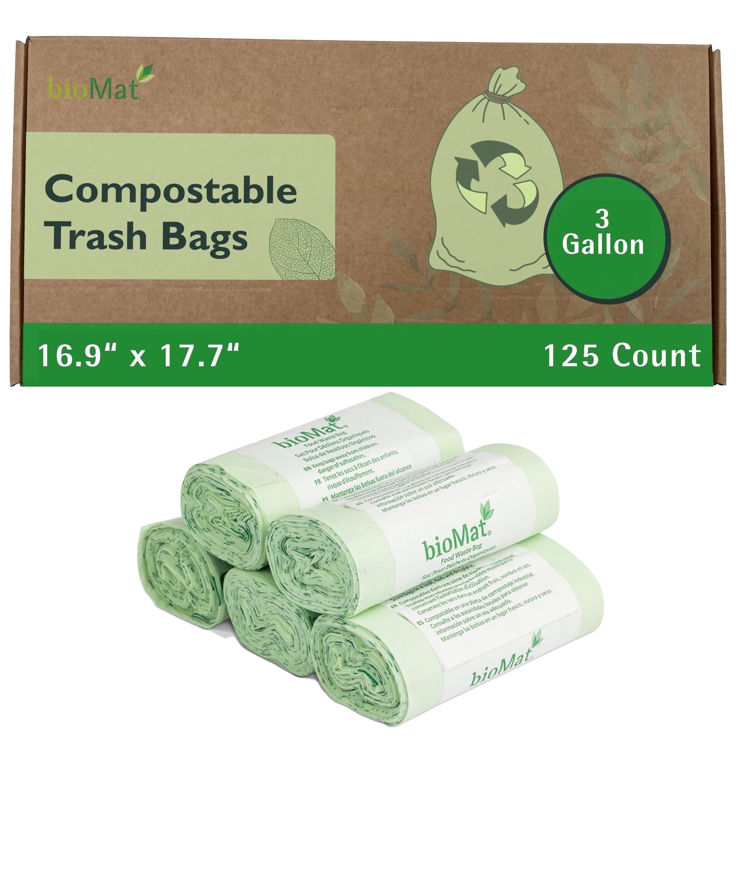 bioMat 3 Gallon Compostable Small Kitchen Compost Bags, BPI ASTM D6400 Certified, 125 Bags