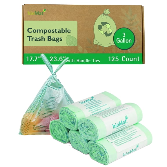 bioMat 3 Gallon Compostable Small Kitchen Compost Bags with Handles, 125 Bags