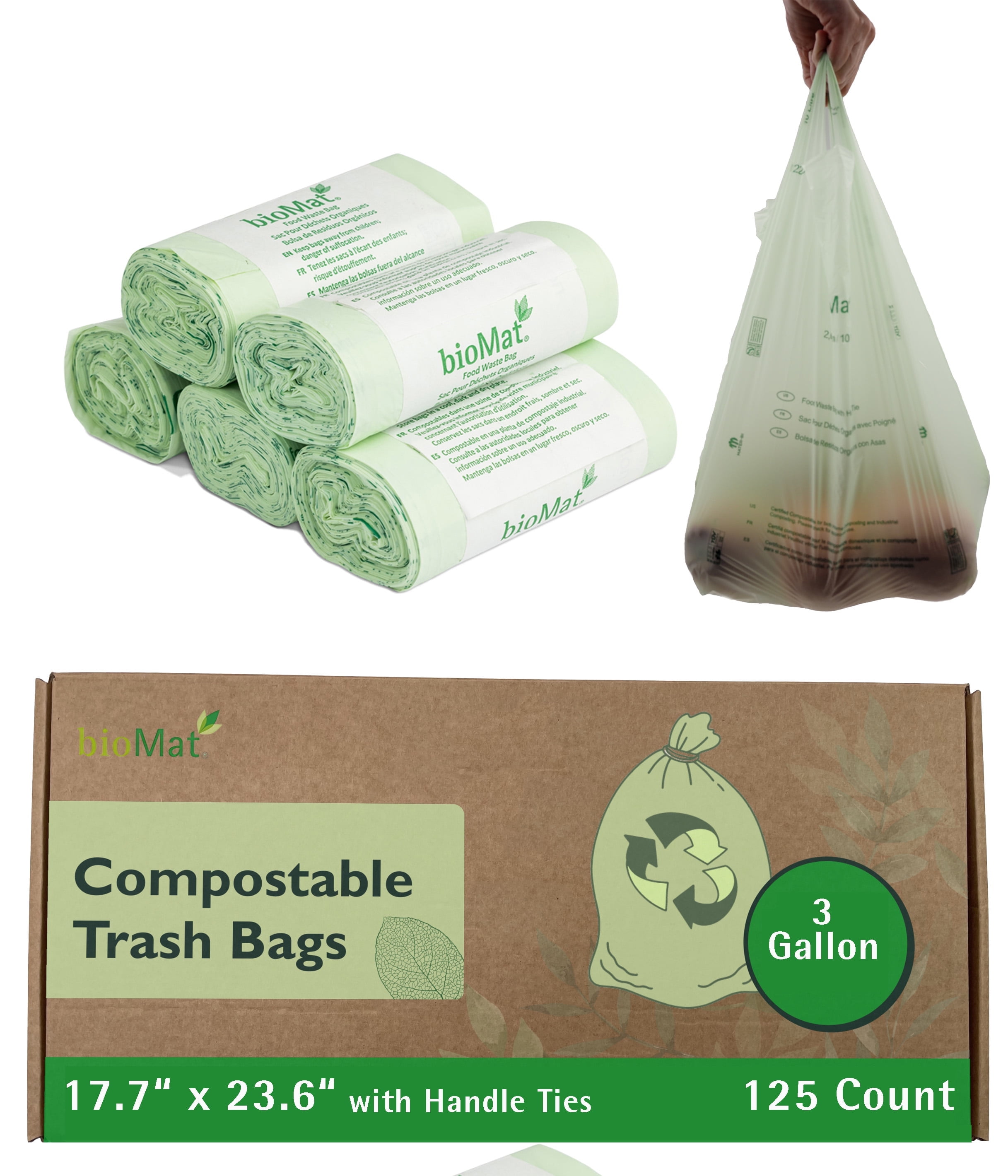 bioMat 3 Gallon Compostable Small Kitchen Compost Bags with Handles, 125 Bags