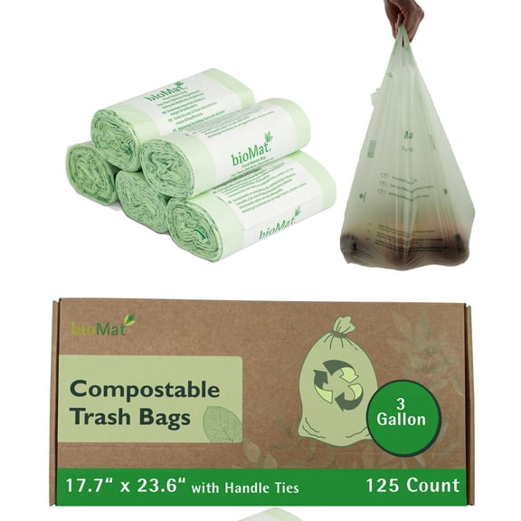 bioMat 3 Gallon Compostable Small Kitchen Compost Bags with Handles, 125 Bags
