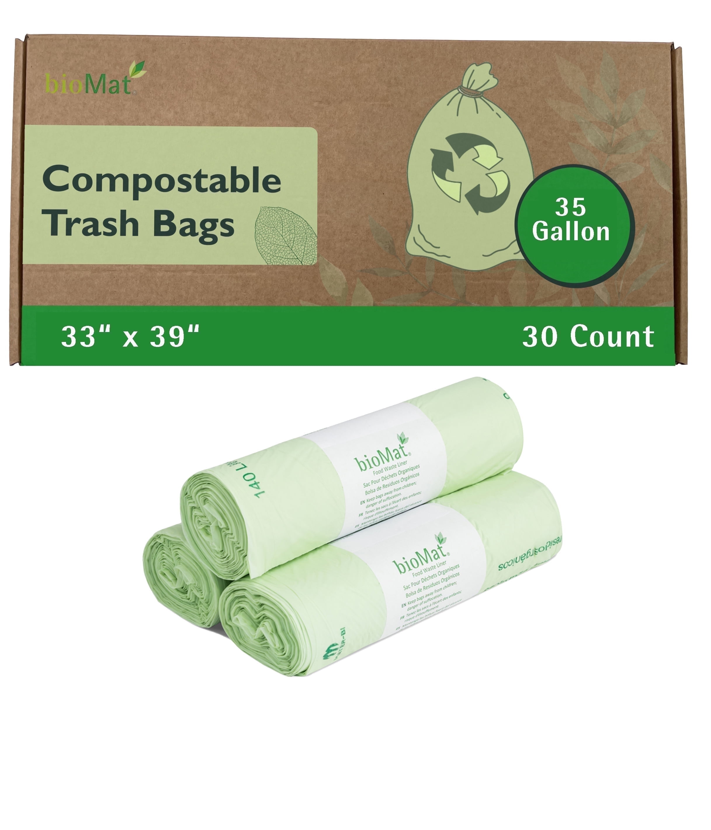 bioMat 35 Gallon Compostable Trash Bags Liners, BPI ASTM D6400 & CMA Certified, 30 Bags