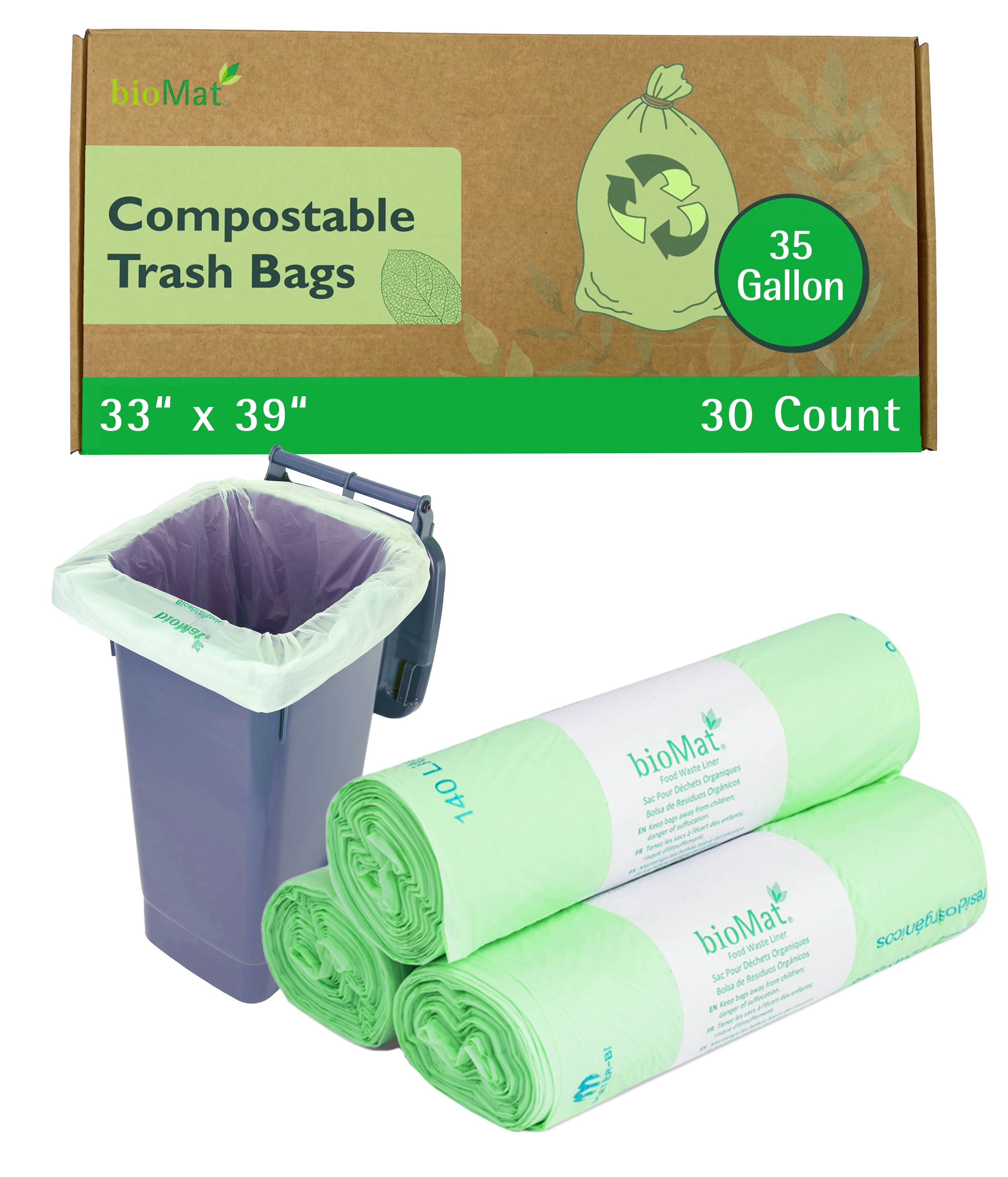 bioMat 35 Gallon Compostable Trash Bags Liners, BPI ASTM D6400 & CMA Certified, 30 Bags