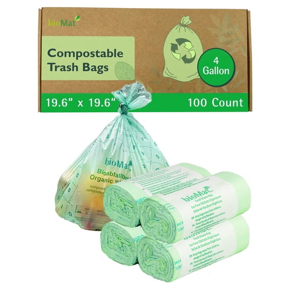 bioMat Compostable Trash Bags 4 Gallon, 100 Count, Small flat top Kitchen Food Scrap Bin Liners, BPI, CMA and OK Compost HOME certified, Meets the ASTM D6400 Standard
