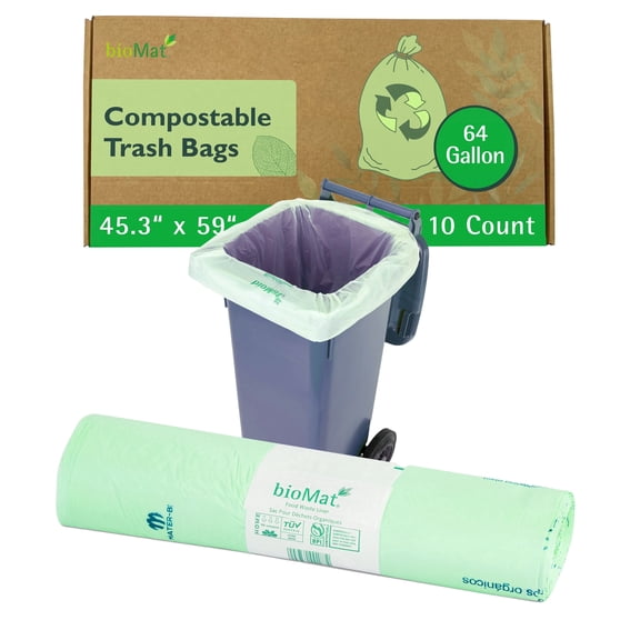bioMat Compostable Trash Bags 64 Gallon, 10 Count, Extra Large Flat Top Kitchen Food Scrap Bin Liners, BPI, CMA and OK Compost HOME certified, Meets the ASTM D6400 Standard