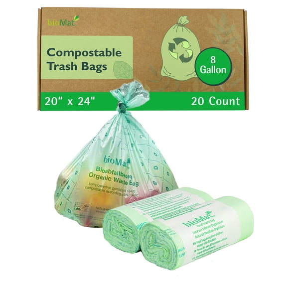 bioMat Compostable Trash Bags 8 Gallon, 20 Count, Medium flat top Kitchen Food Scrap Bin Liners, BPI, CMA and OK Compost HOME certified, Meets the ASTM D6400 Standard
