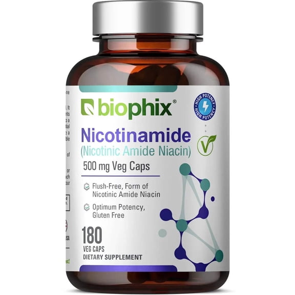 Biophix Nicotinamide 500 mg 180 Veggie Caps | Flush-Free Niacin | Skin NAD+ Support