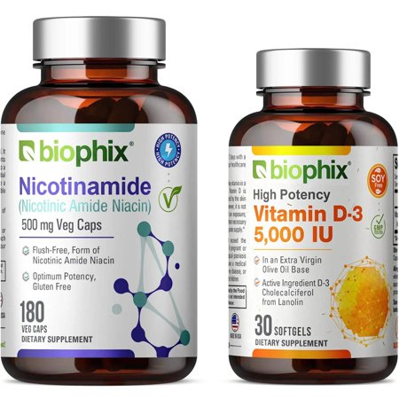 biophix B-3 Nicotinamide 500 mg 180 Vcaps Plus Free Vitamin D-3 5000 IU 30 Softgels - Nicotinic Amide Niacin Natural Flush-Free Vitamin Formula - Supports Skin Cell Health