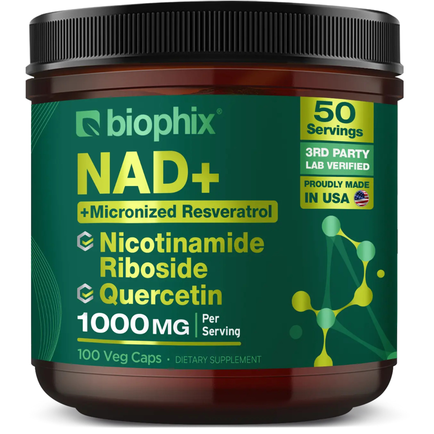 biophix NAD+ Micronized Resveratrol - Nicotinamide Riboside with Quercetin 1000mg per Serving 100 Veg Capsules