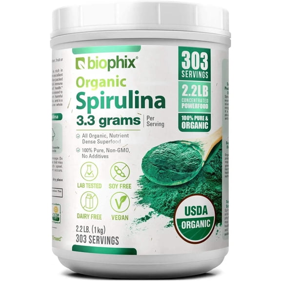 biophix Organic Spirulina Powder, 2.2 Lbs 100% Pure Spirulina Blue Green Algae Powder, Vegan, Non GMO, Non-Irradiated, USDA Certified, Best Protein Superfood