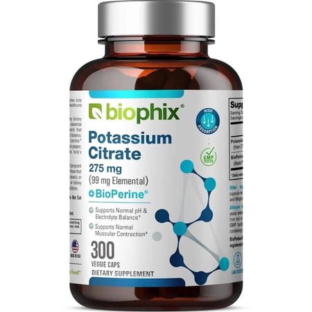 biophix Potassium Citrate 275 mg with BioPerine 300 Veggie Capsules - Supports Electrolyte Balance, Nerve., Muscle Function and Heart Health