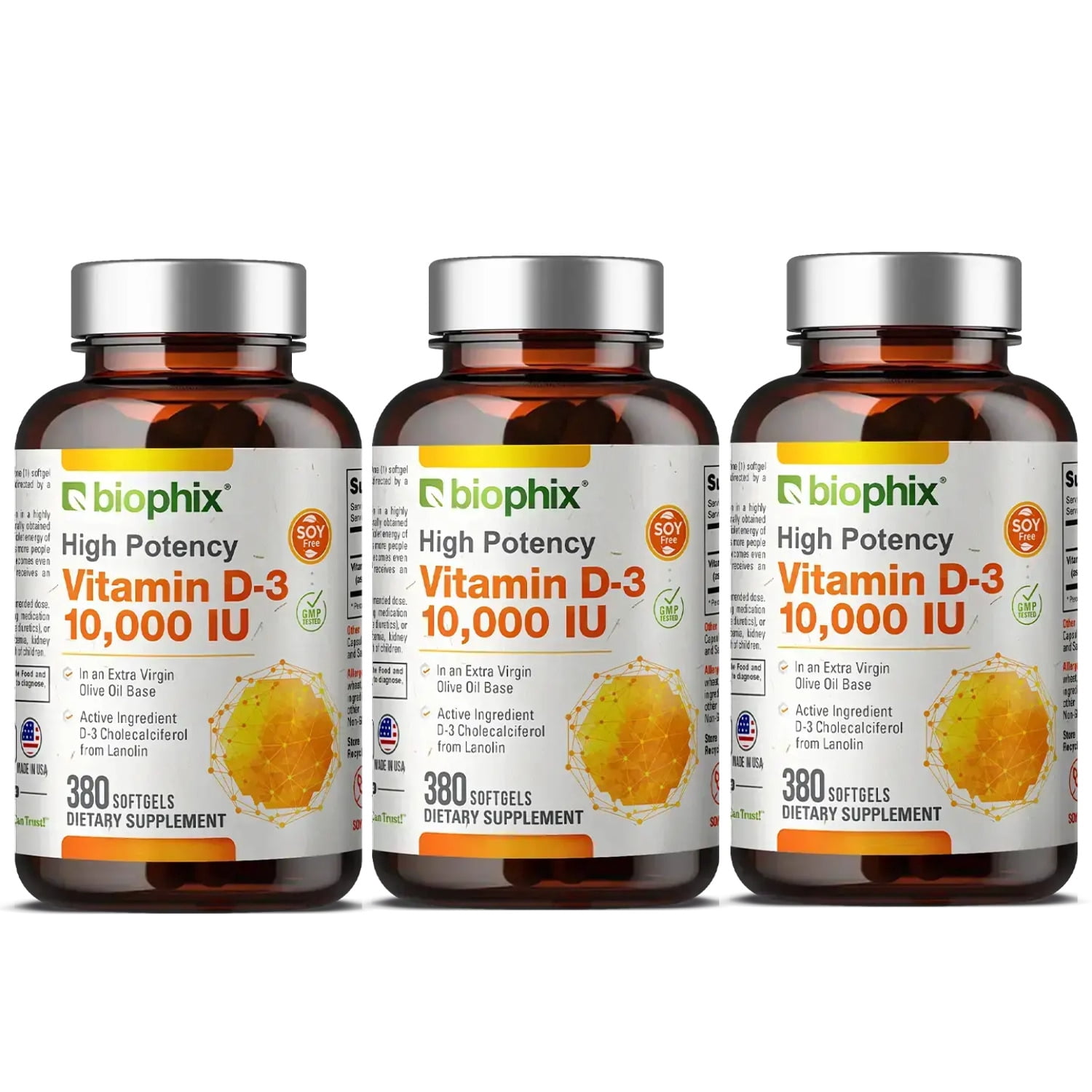 biophix Vitamin D-3 10000 IU 380 Softgels 3 Pack - High-Potency in Extra Virgin Olive Oil Non-GMO Soy-Free Supports Strong Bones Immune Health