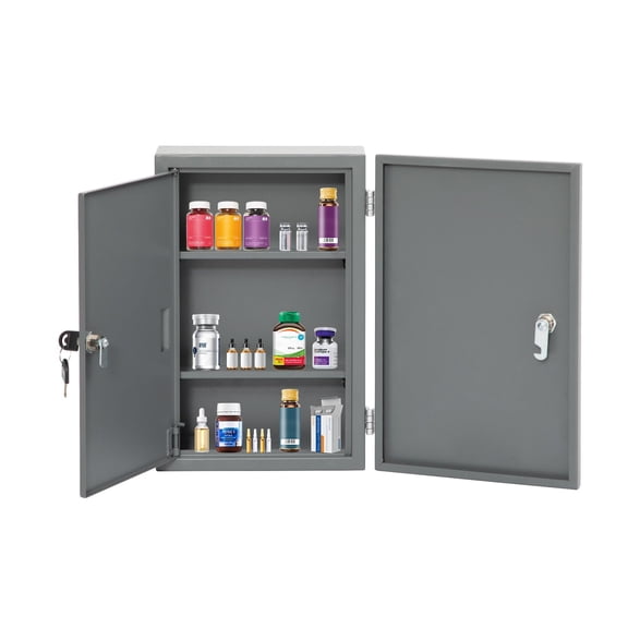 biosp First Aid Wall Mount Medicine Cabinet with Lock, Steel Drug Cabinet with Double Door, Locking Narcotics Safe, 3 Tier Emergency Box, Secure Steel Lock Box for Medication, Grey