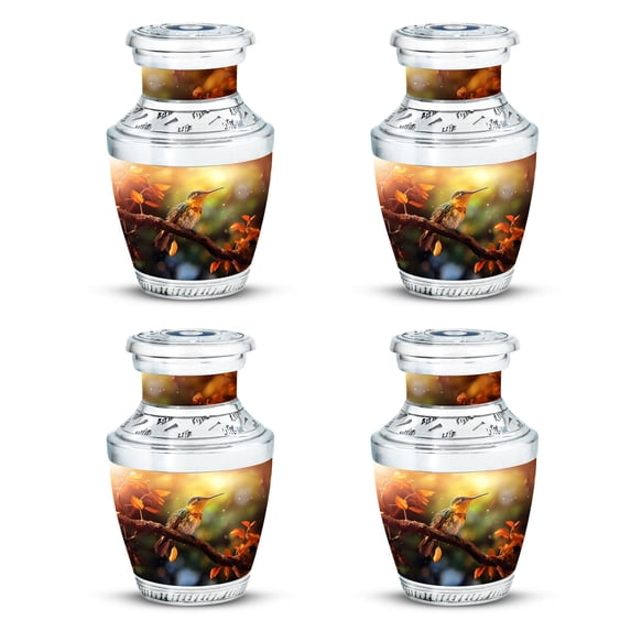 bird sits branch with leaves background Elegant Mini Keepsake Urns for Human Ashes - Small But Meaningful Funeral Urns For Human Ashes - Memorial Urns 3 Inch, Set Of 4