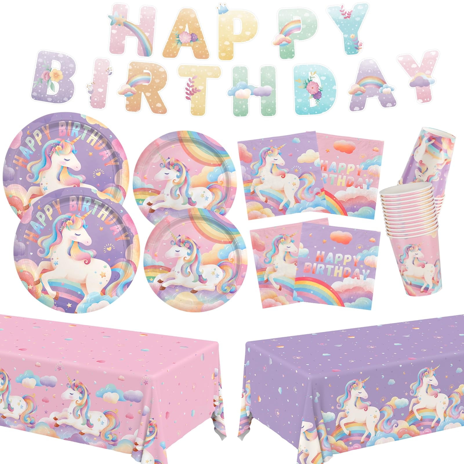 Birthday Party Supplies Kit for 24 Guests, 170 Pcs for Unicorn Birthday Decorations, Includes Dinner \u0026 Dessert Plates, Napkins, Cups, Cutlery, Banner and Tablecloth