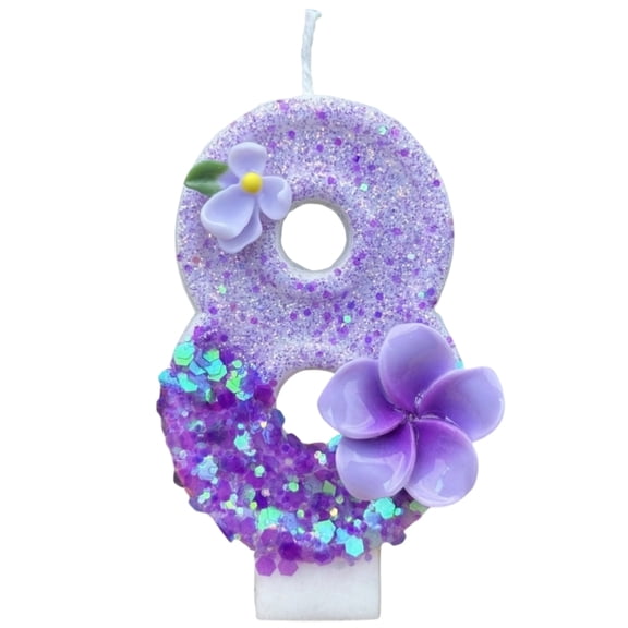 birthday candle, number 8 birthday candle, purple glitter decorative candle with flower applique, single piece for kid's 8th birthday party cake topper