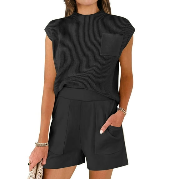 biudgviw 2 Piece Outfits for Women Comfy Cap Sleeve Mock Neck Knit Shirts Baggy Wide Leg Shorts with Pockets Fashion Sets