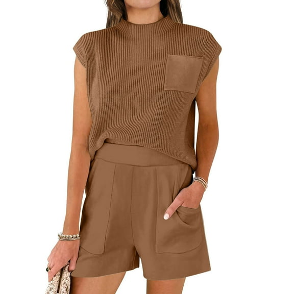 biudgviw 2 Piece Outfits for Women Comfy Cap Sleeve Mock Neck Knit Shirts Baggy Wide Leg Shorts with Pockets Fashion Sets
