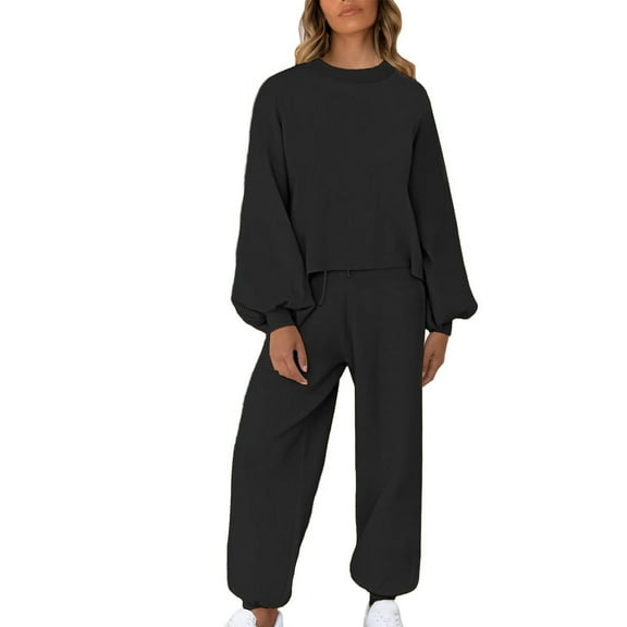 biudgviw 2 Piece Outfits for Women Lounge Long Sleeve Solid Color Pullover Tops Sweatsuit Jogger Pants Comfy Sets