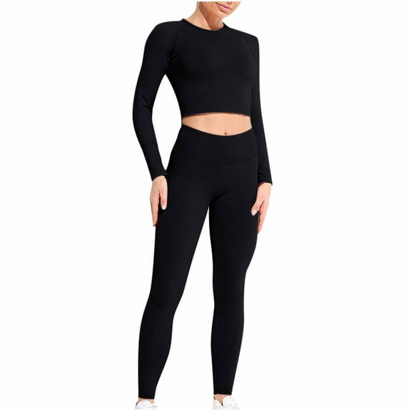 biudgviw 2 Piece Outfits for Women Tracksuit Trendy Long Sleeve Skinny Crop Tops Soft Stretch Sport Workout Yoga Long Legging Sets