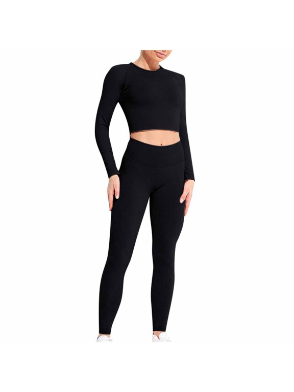 2 Piece Outfits for Women Tracksuit Trendy Long Sleeve Skinny Crop Tops Soft Stretch Sport Workout Yoga Long Legging Sets