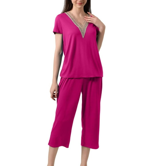 biudgviw 2 Piece Pajama Sets for Women Casual Lace V Neck Short Sleeve Comfy Shirts Loose Capri Pants Pjs Sleepwear Sets