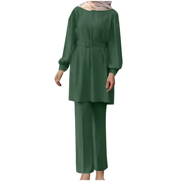 biudgviw 2 Piece Sets for Women Casual Fall Crewneck Long Sleeve Belted Midi Dress Fashion Wide Leg Pants Plus Size Outfits