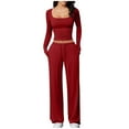 thumbnail image 1 of biudgviw 2 Piece Sets for Women Long Sleeve Lounge Sets Casual Square Neck Tops and Drawstring Wide Leg Pants Matching Set with Pockets, 1 of 7