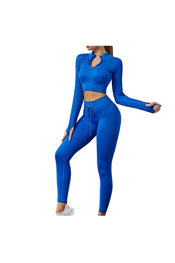 2 Piece Workout Sets for Women Seamless Gym Training Leggings Long Sleeve Half Zipped Crop Tops Athletic Outfits