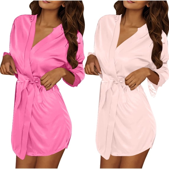 biudgviw 2PC Womens Silk Robe 3/4 Sleeve Belted Lightweight Bathrobes Short Ruffle Lace Trim Sleepwear for Wedding Party