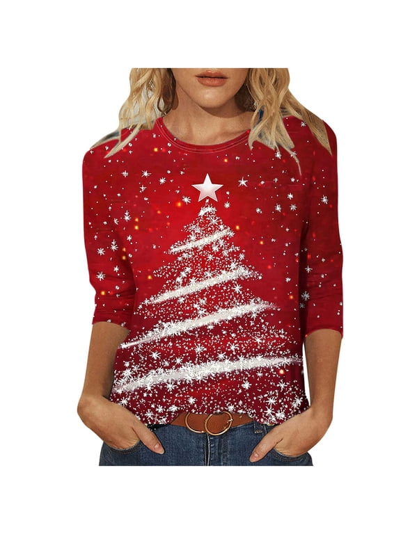 3/4 Length Sleeve Womens Tops Christmas Printed Crew Neck Blouses Casual Loose Fit Pullover Shirts for Party Tee Tops