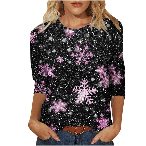 biudgviw 3/4 Length Sleeve Womens Tops Christmas Printed Crew Neck Blouses Casual Loose Fit Pullover Shirts for Party Tee Tops