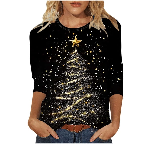biudgviw 3/4 Length Sleeve Womens Tops Christmas Printed Crew Neck Blouses Casual Loose Fit Pullover Shirts for Party Tee Tops