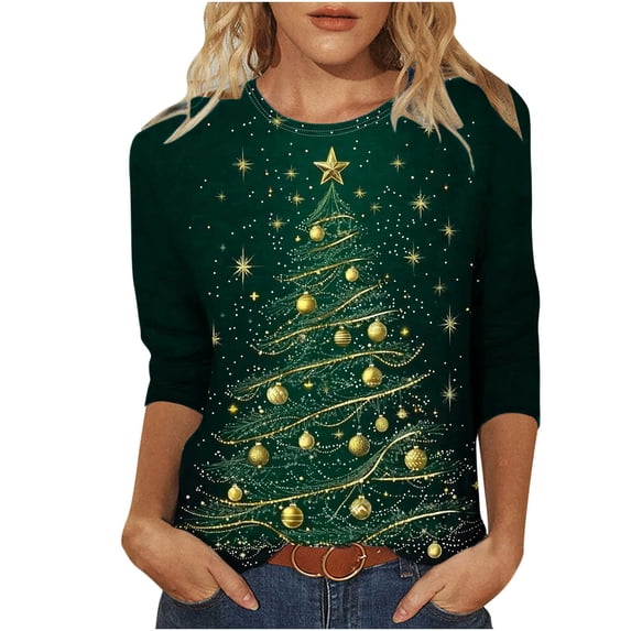 biudgviw 3/4 Length Sleeve Womens Tops Christmas Printed Crew Neck Blouses Casual Loose Fit Pullover Shirts for Party Tee Tops