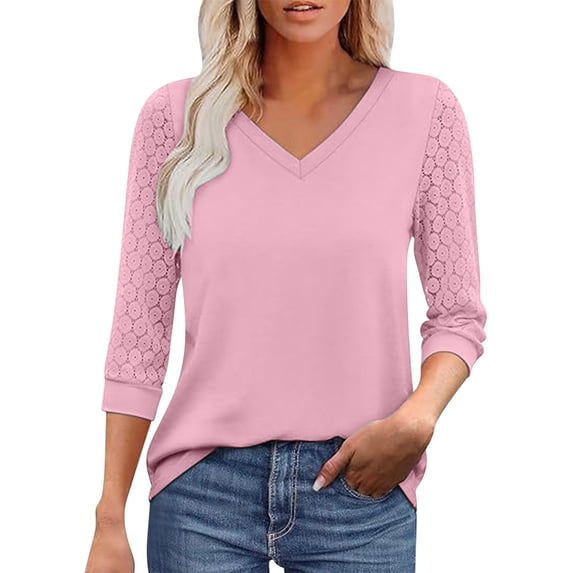 biudgviw 3/4 Length Sleeve Womens Tops Lightweight V Neck Lace Shirt Dressy Casual Fall Blouses Going Out Outfits