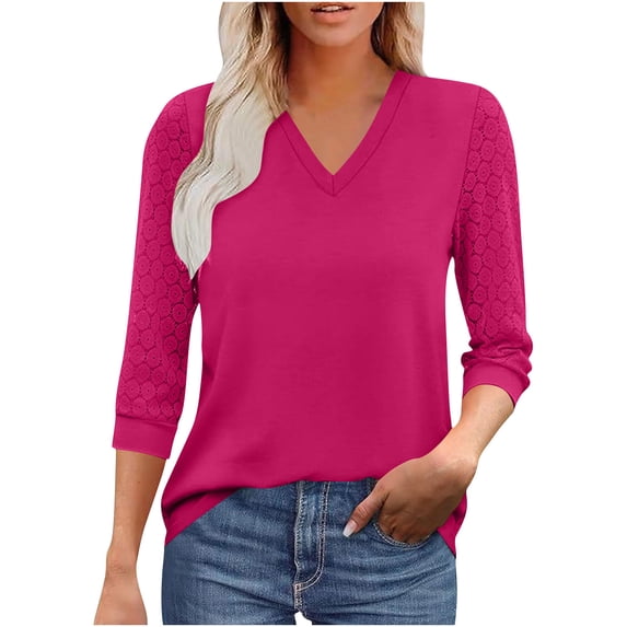 biudgviw 3/4 Length Sleeve Womens Tops Lightweight V Neck Lace Shirt Dressy Casual Fall Blouses Going Out Outfits